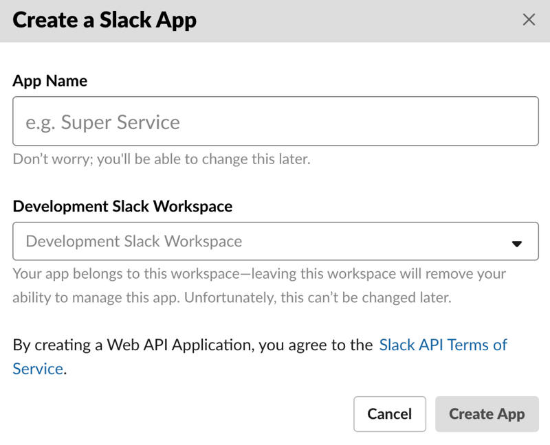 A screenshot of the create app screen in Slack.